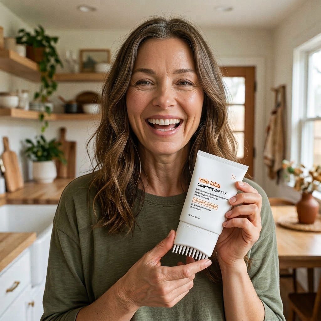 Woman smiling and holding the Vale Labs GROW:TURN AMPOULE in a bright kitchen