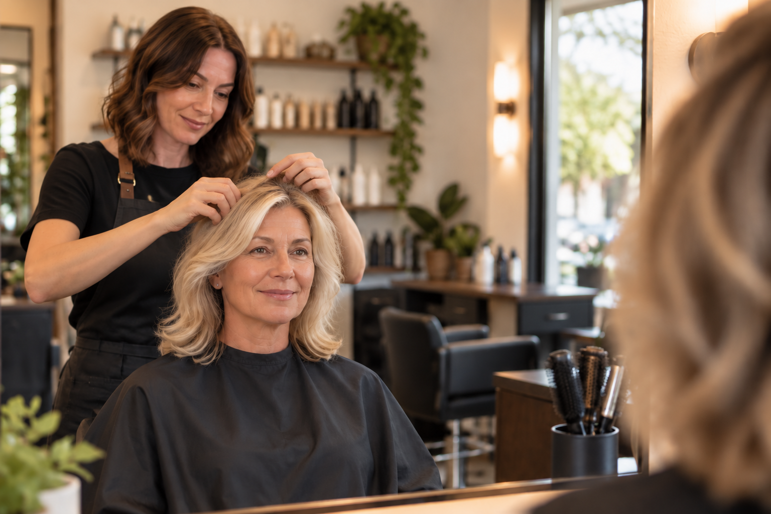 Hairdresser examining a woman’s hair in a bright salon