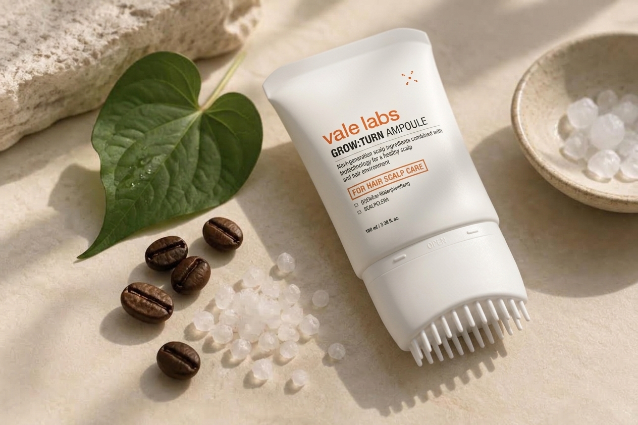 The Vale Labs GROW:TURN Ampoule tube with coffee beans, betaine crystals and a green leaf