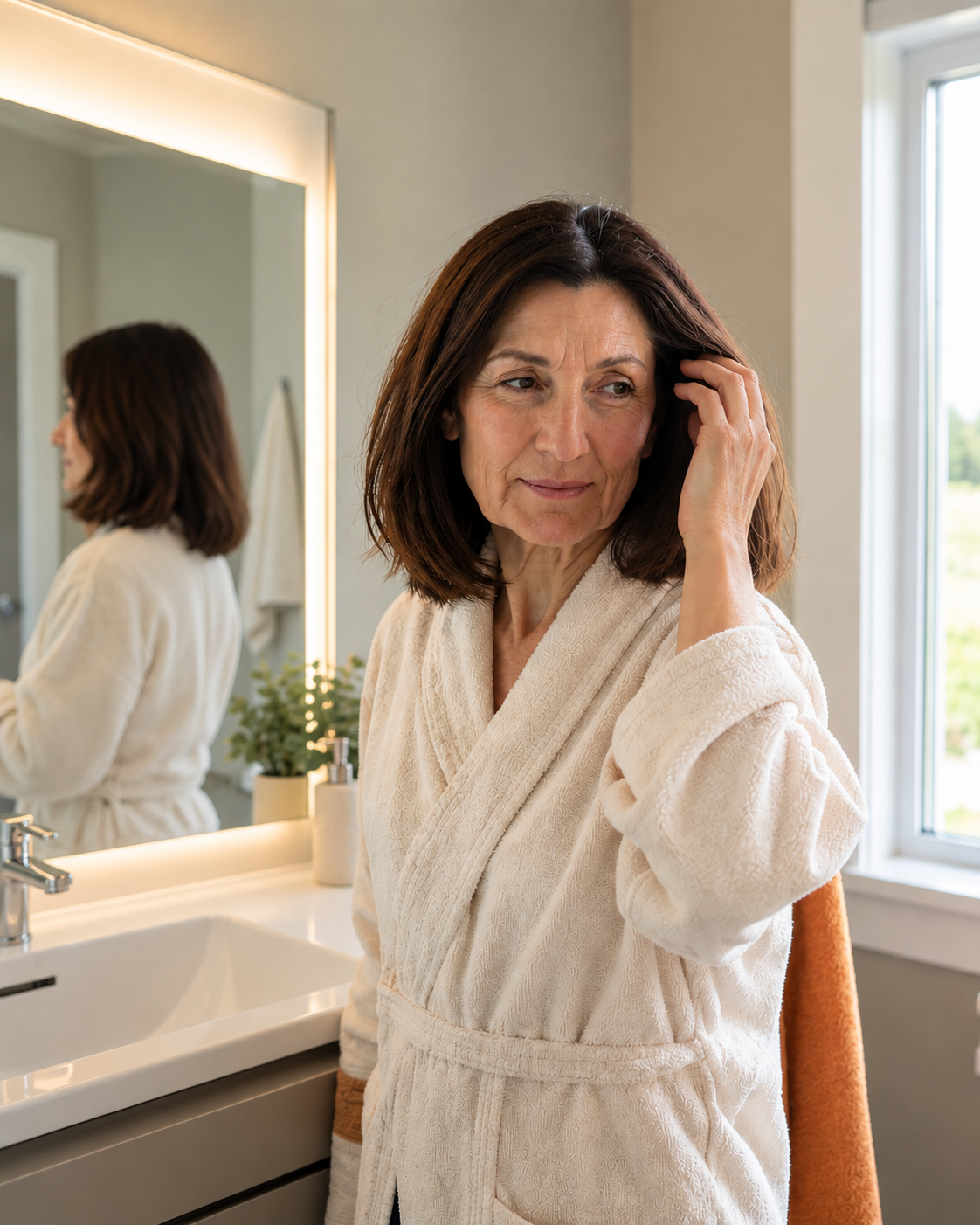 Woman in a bathrobe checking her hair in a bathroom mirror