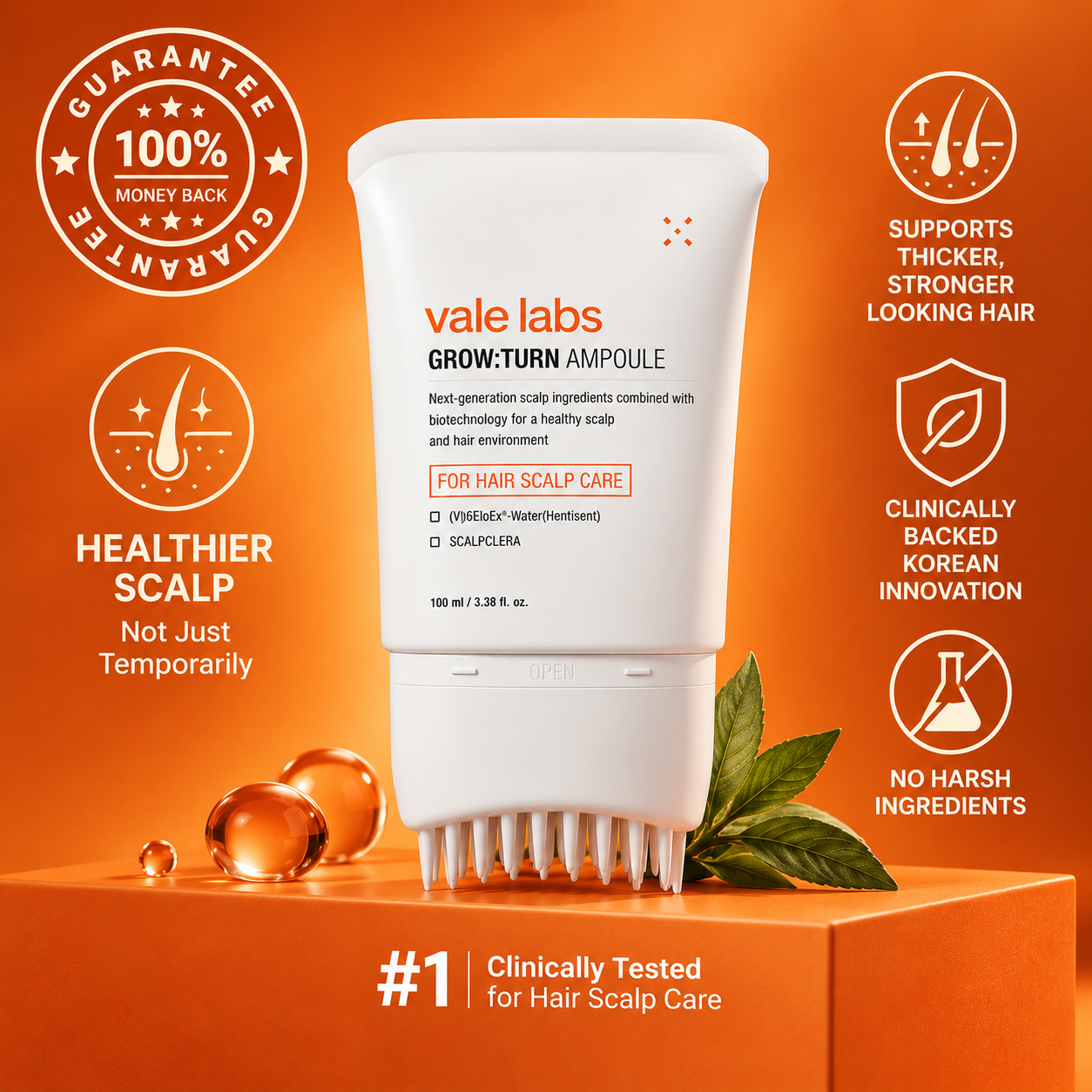 Vale Labs GROW:TURN Ampoule product tube on orange background with benefit claims