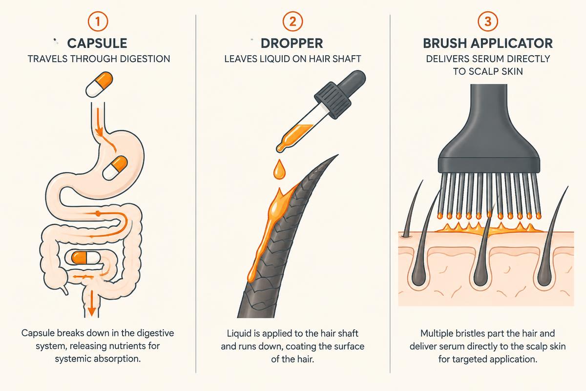 Capsule, dropper and 38-bristle applicator delivery compared