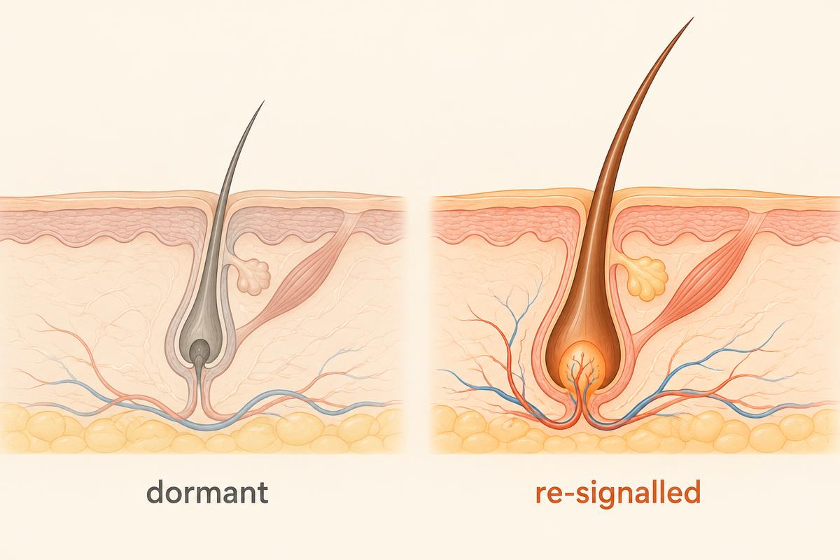 A dormant hair follicle beside a re-signalled follicle growing again