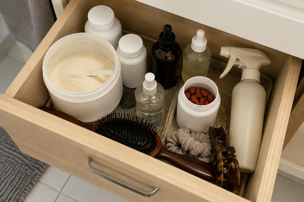 A bathroom drawer of half-used hair supplements and serums