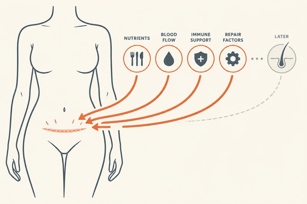 Diagram of the body sending resources to the incision while hair follicles wait